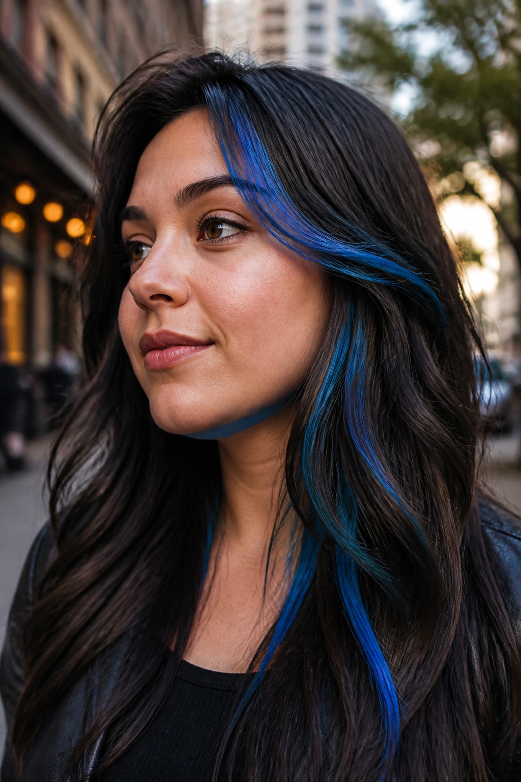 Close-up of a woman with an asymmetrical blue highlight map on a round face