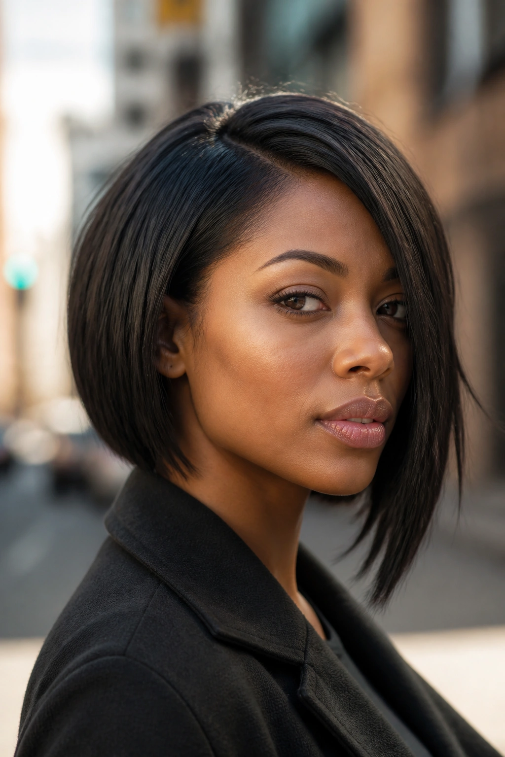 Close-up of a real woman with an asymmetrical bob in morning light