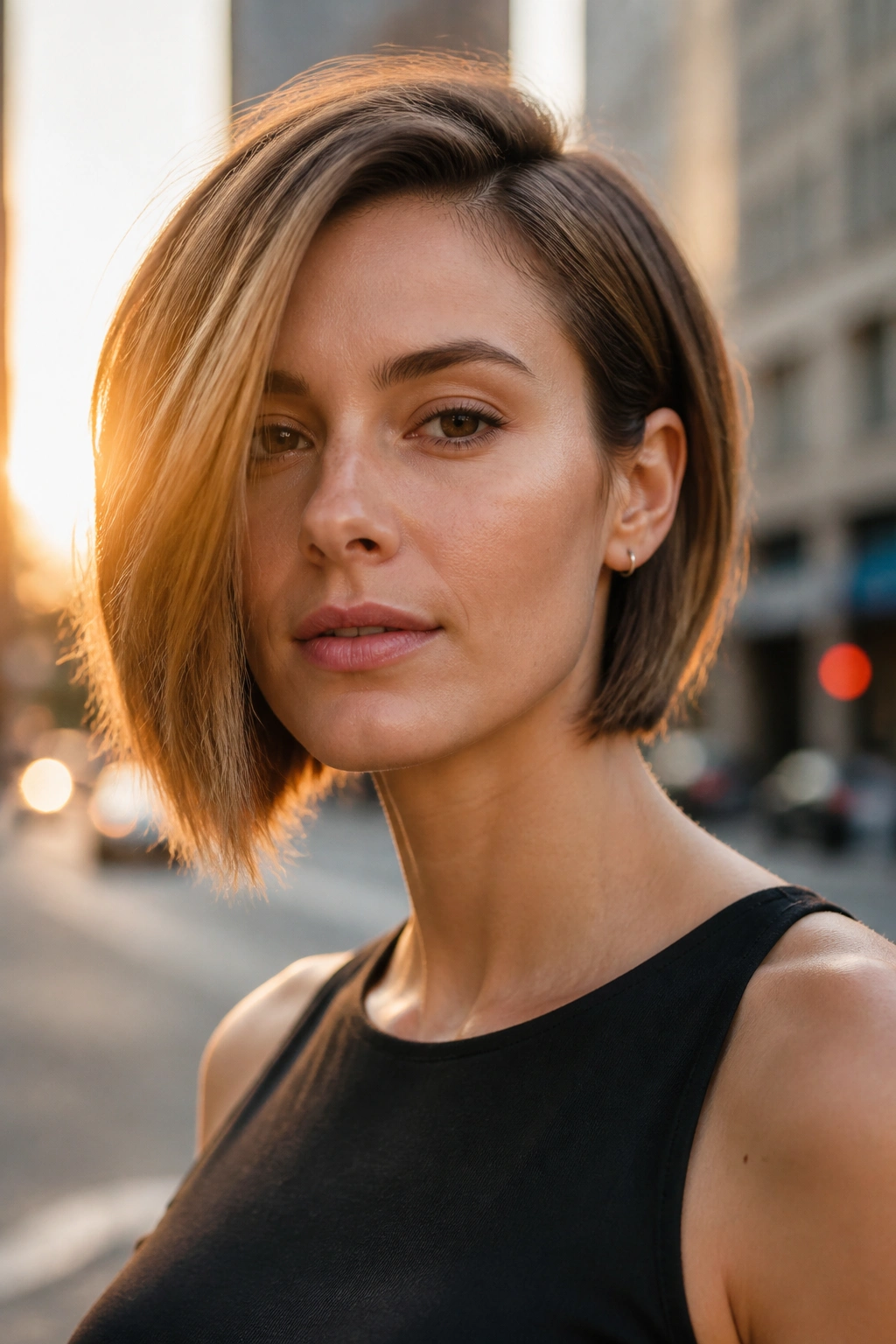Close-up of a real person with an asymmetrical bob and soft expression