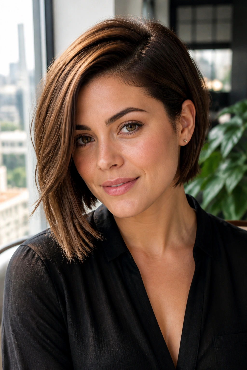 Close-up portrait of a real woman with an asymmetrical bob and deep side part, one side longer, tucked behind the ear, in natural window light.