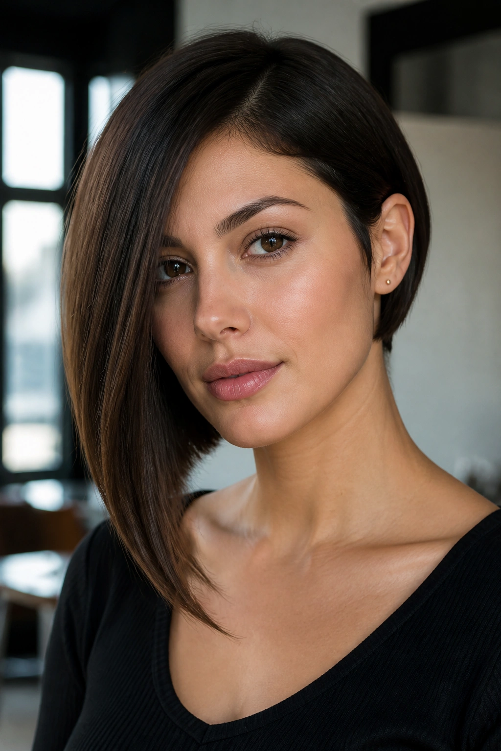 Close-up of a woman with an asymmetrical bob showing a longer side and a shorter side.