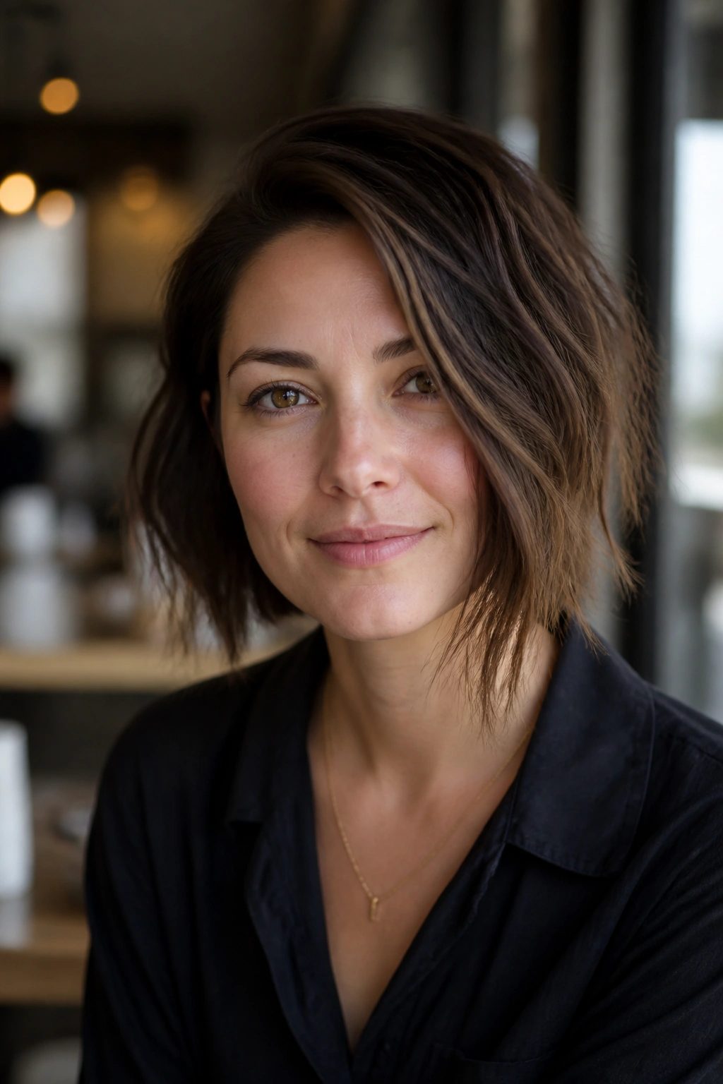 Close-up of a real woman with an asymmetrical messy bob for a round face.