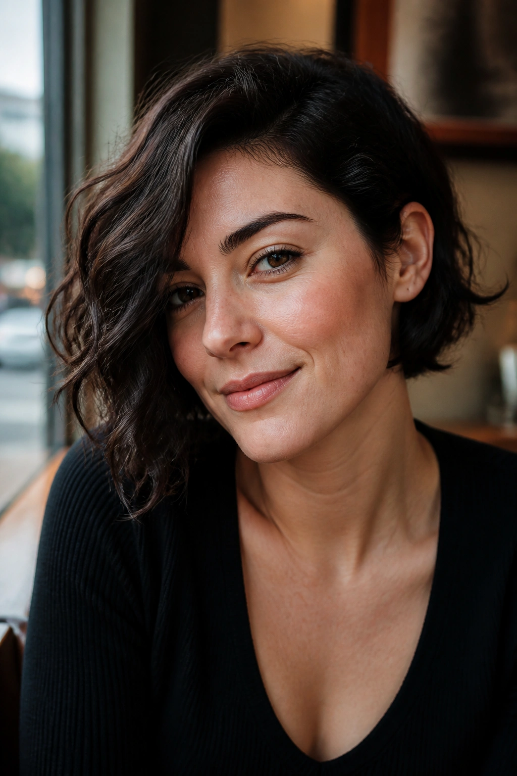 Close-up of a person with an asymmetrical bob featuring one longer side.