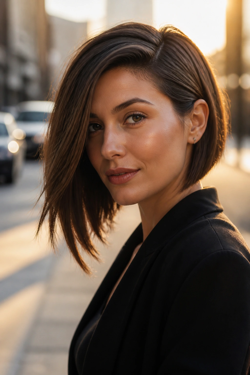 Portrait of real person wearing an asymmetrical bob