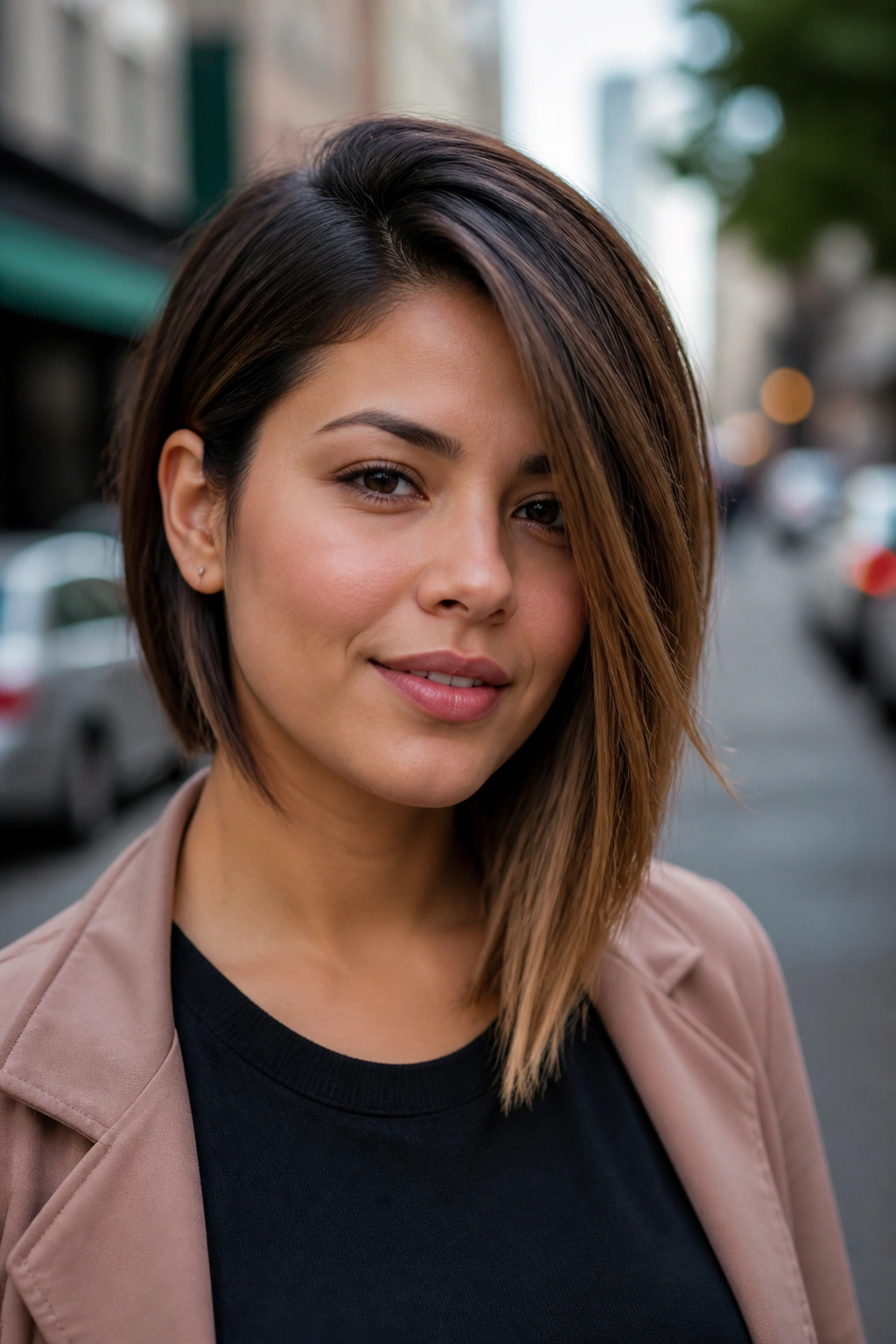 Close-up of a real woman with an asymmetrical bob and a longer side against a blurred city backdrop.