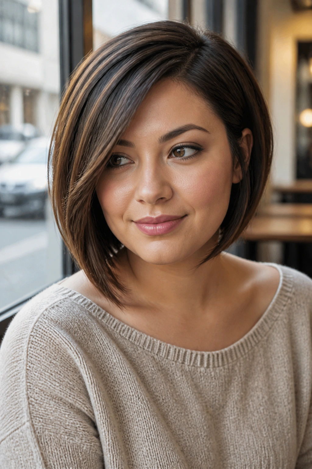 Portrait of a woman with an asymmetrical bob for round faces in soft daylight