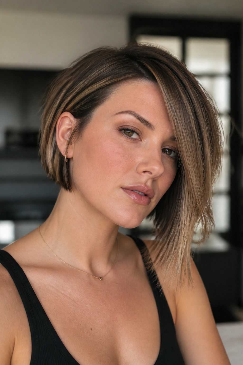 Close-up of a real woman with an asymmetrical bob and a strong angle