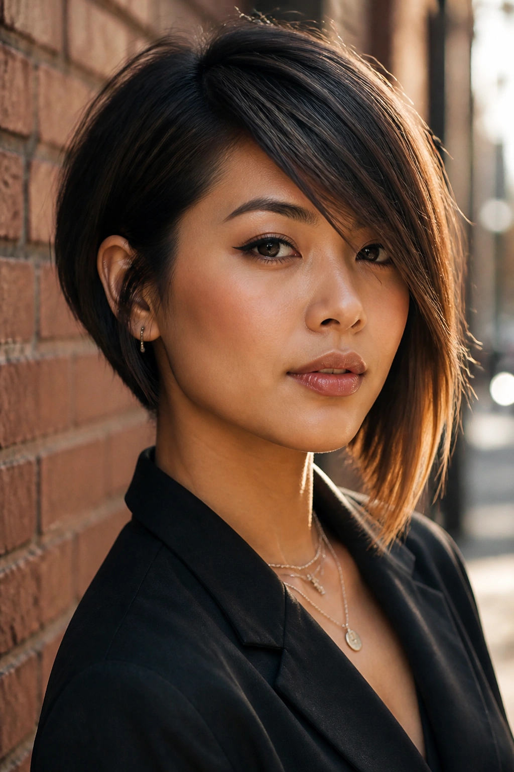 Portrait of a real person with an asymmetrical bob and side-swept bang outdoors