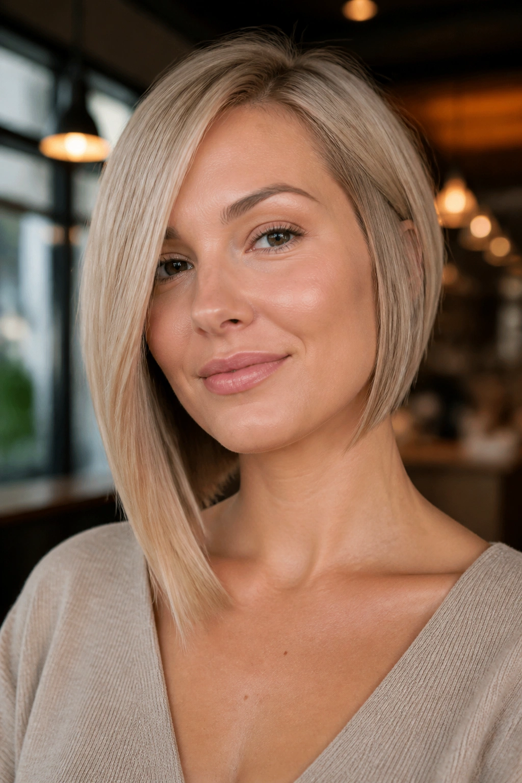 Close-up portrait of a real woman with an asymmetrical bob in a warm cafe setting