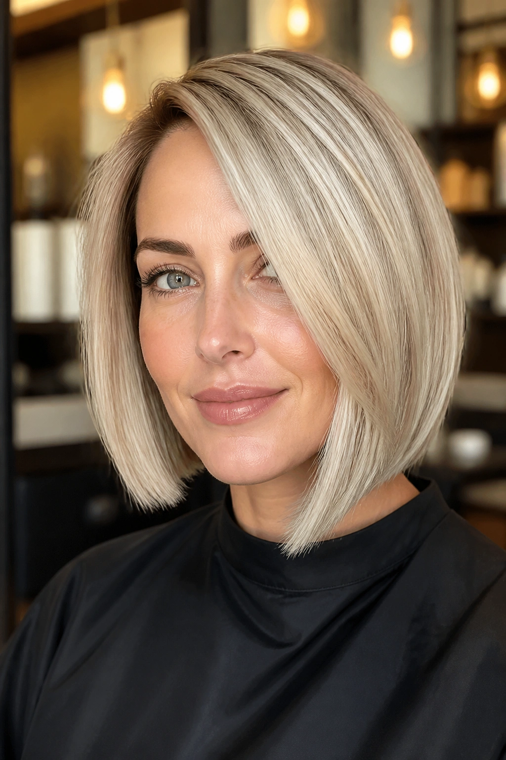 Close-up of real woman with an asymmetrical bob in pearl blonde tones