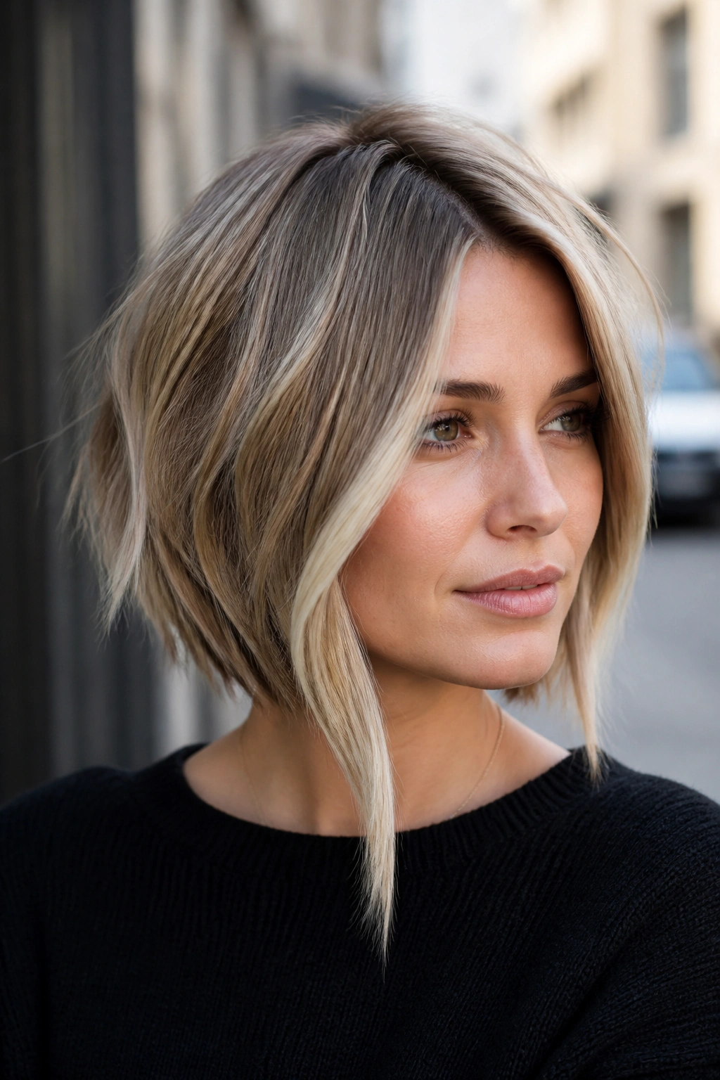 Portrait of real woman with subtle asymmetrical bob and long front piece in ash blonde