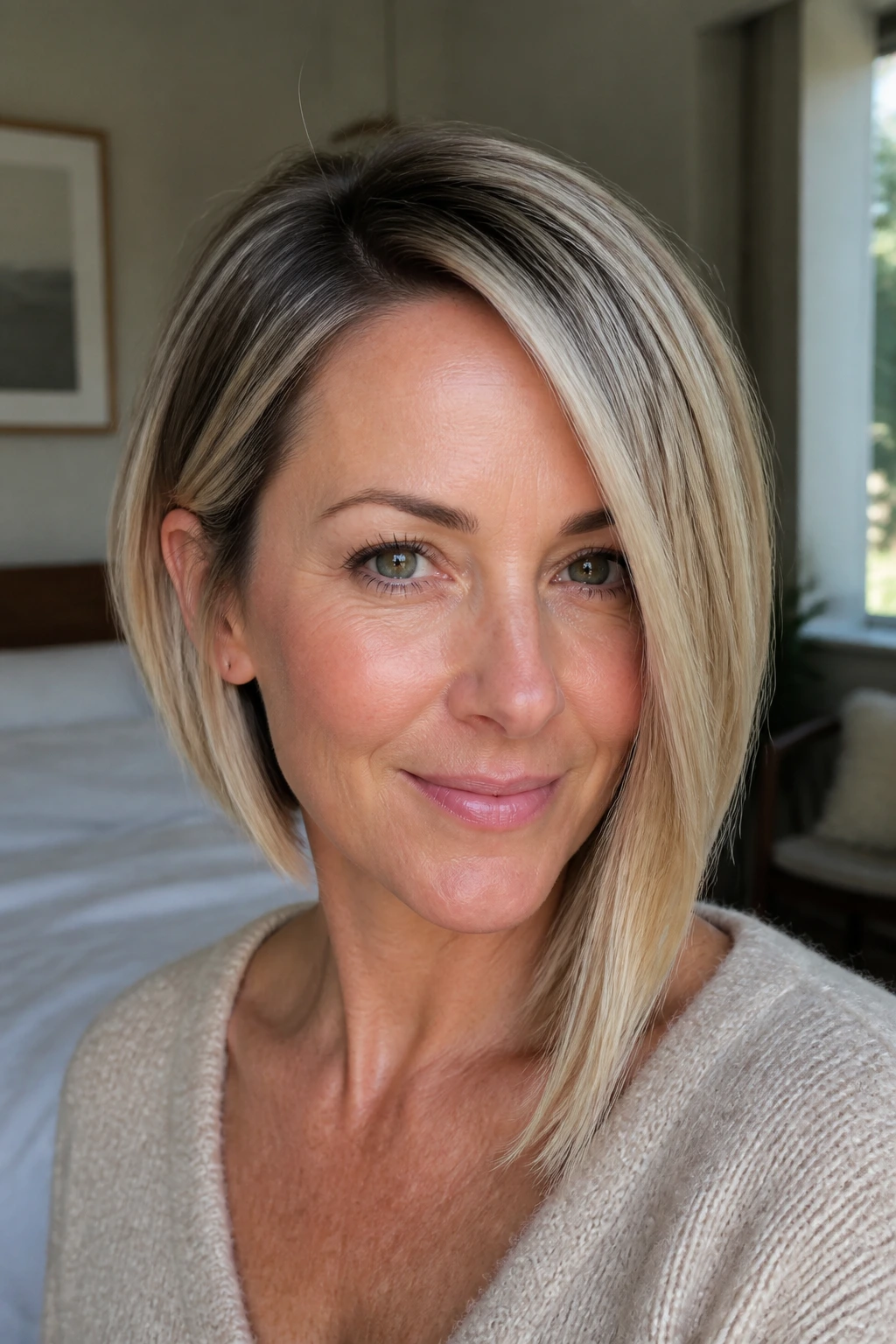 Portrait of a real woman with an asymmetrical bob and one longer side, soft blonde highlights in natural light