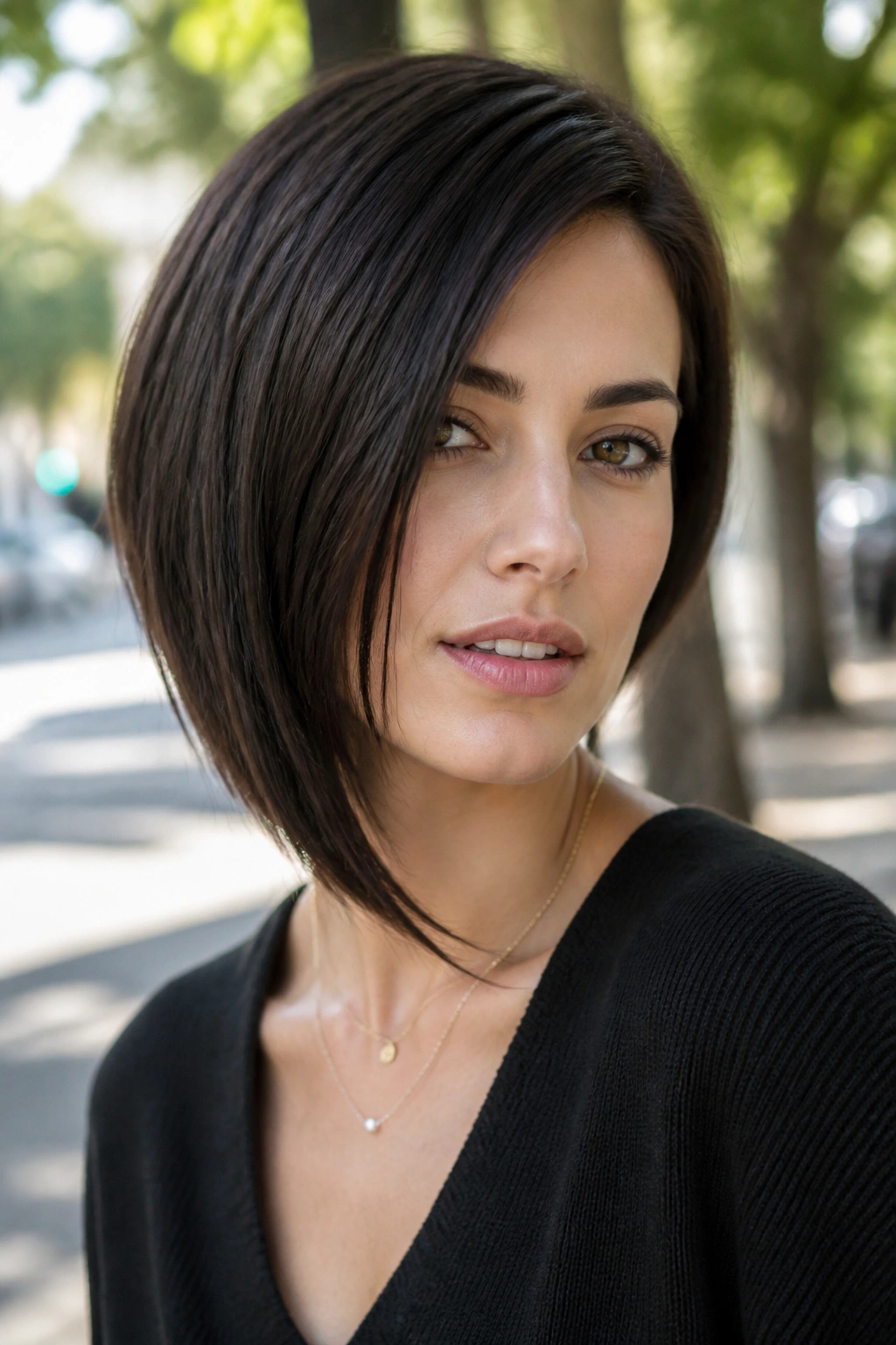 Close-up of a woman with asymmetrical bob one longer side in espresso brunette