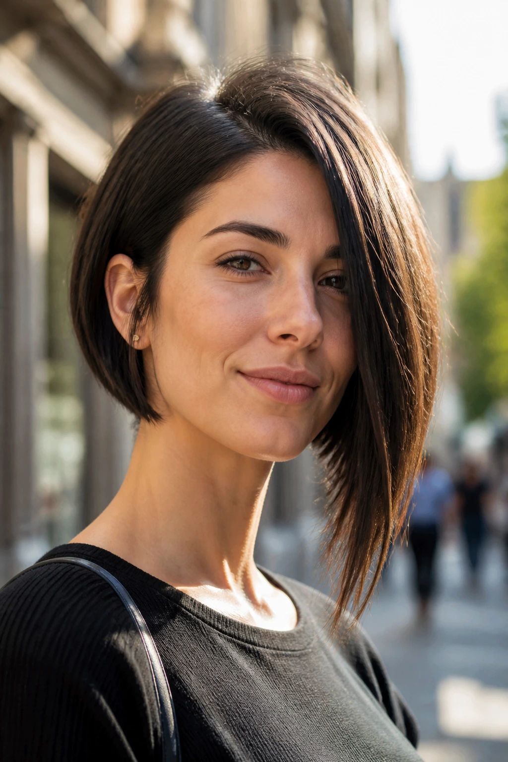 Close-up of a real woman with an asymmetrical bob.