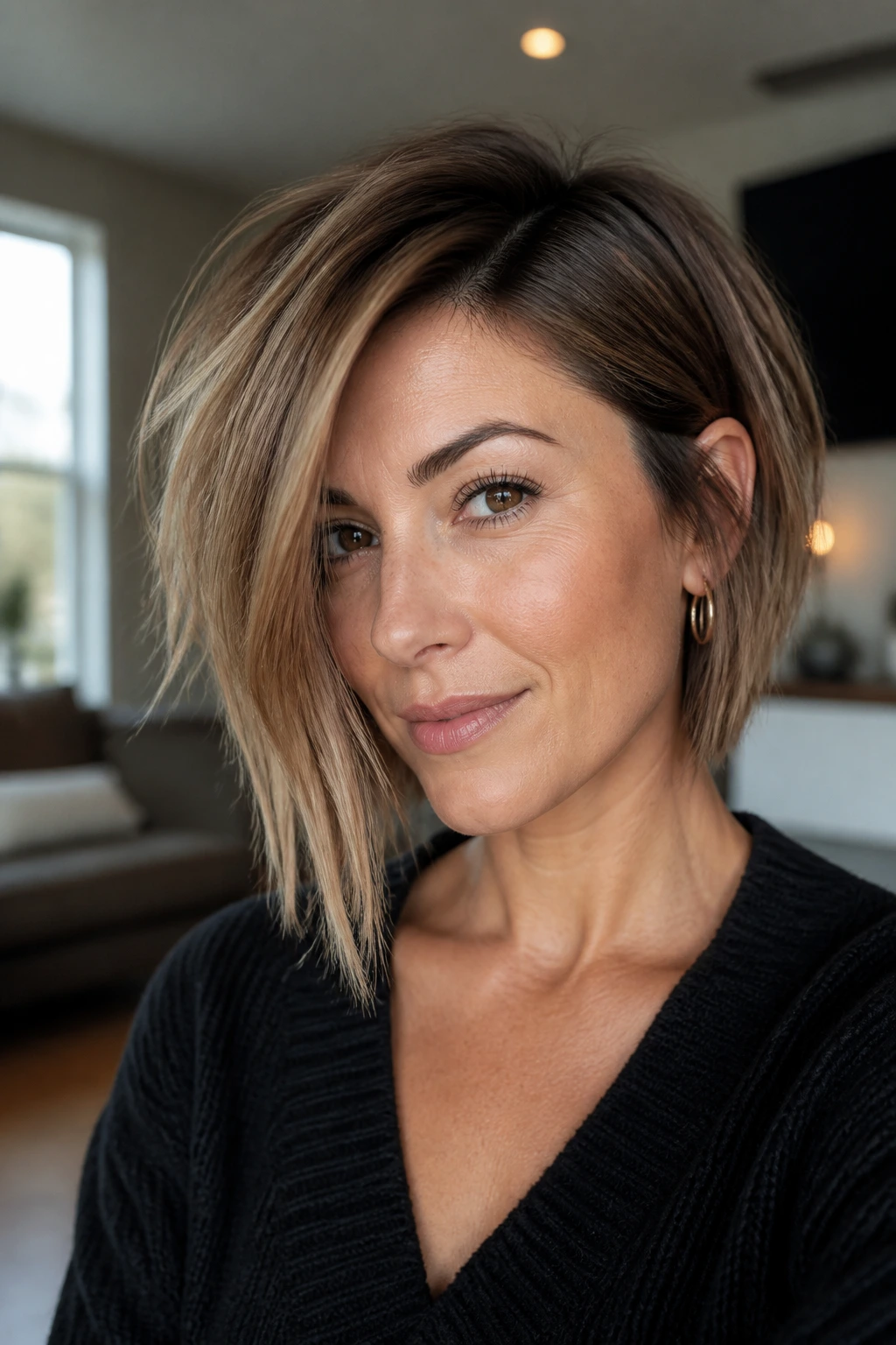 Portrait of a real woman wearing an asymmetrical choppy bob.