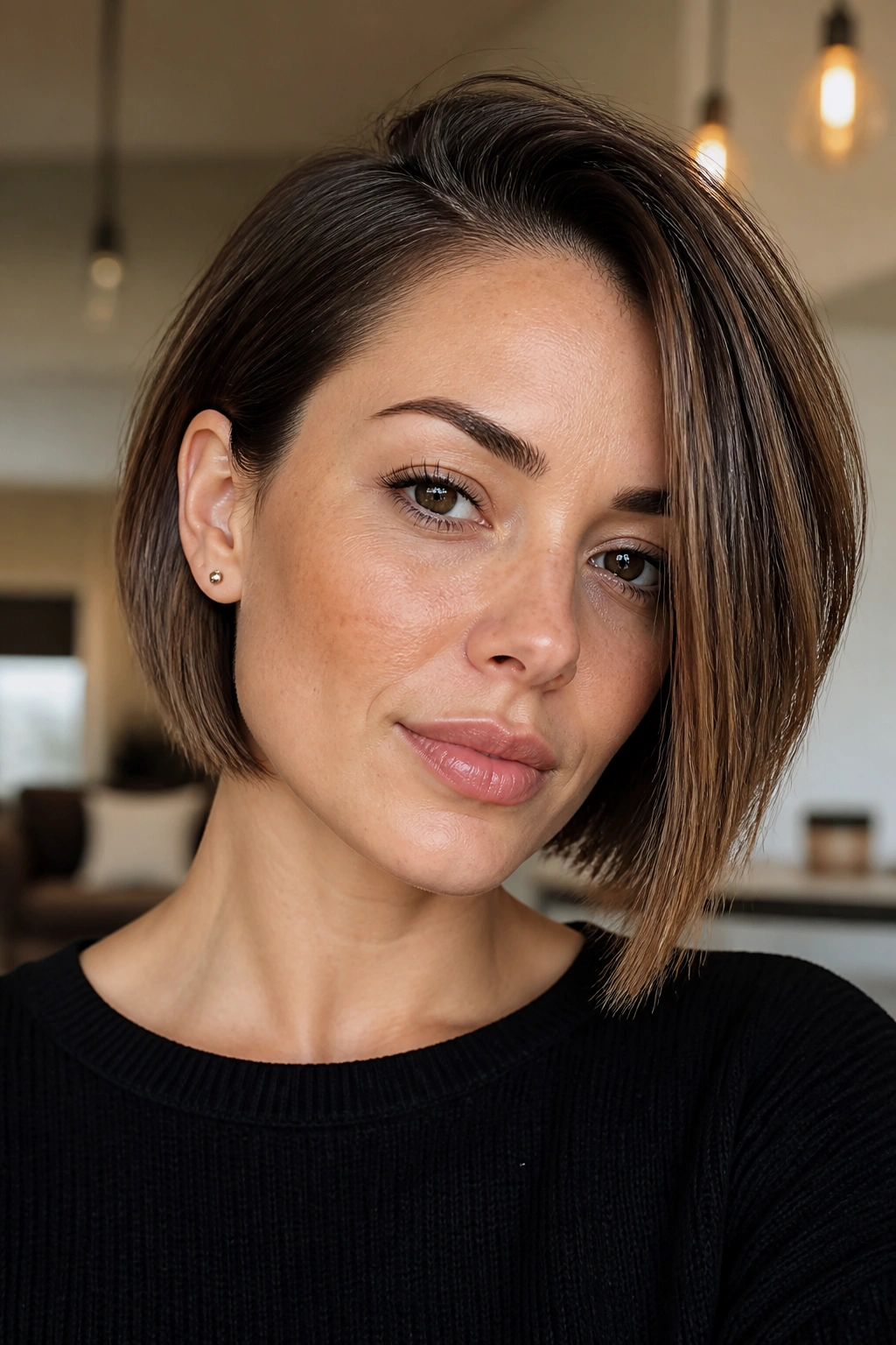 Real woman with asymmetrical bob and clean edge in warm interior light