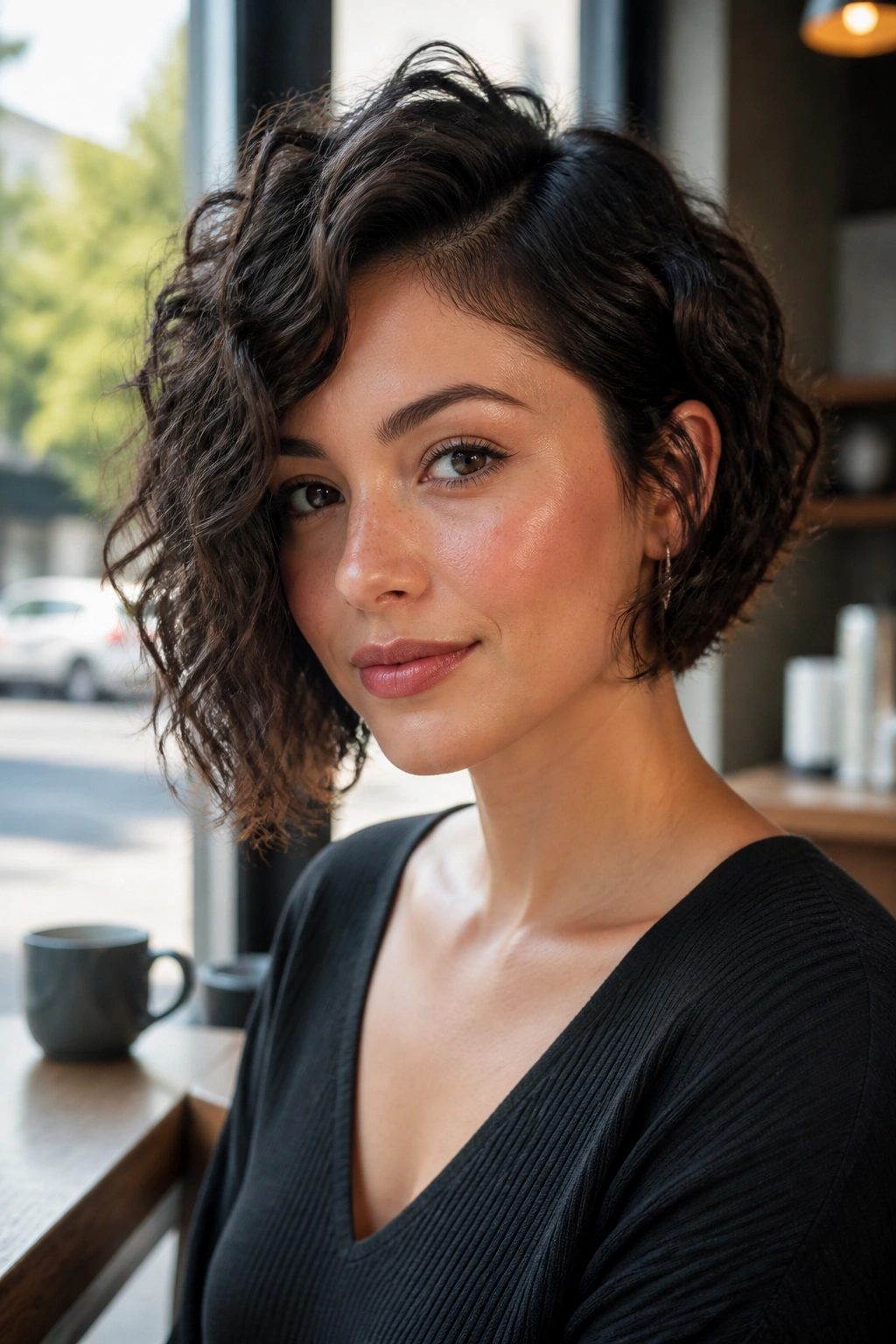 Portrait of a real person with an asymmetrical curly bob skimming the jaw