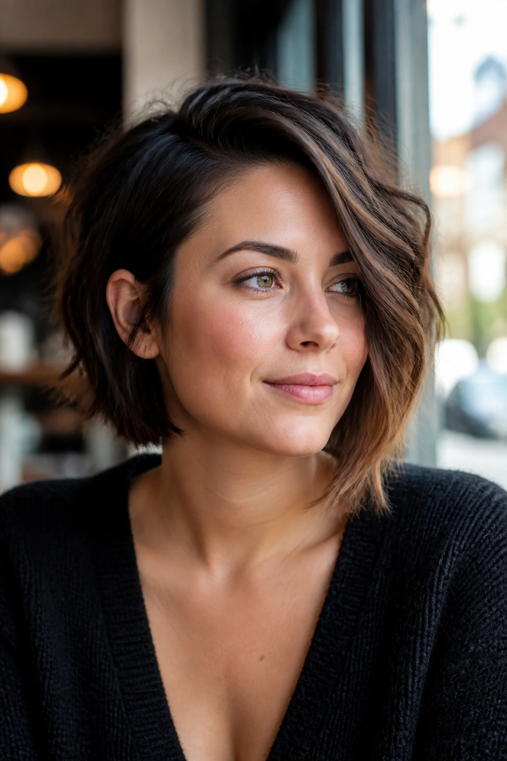 Close-up portrait of a real woman with an asymmetrical bob and deep side part in daylight