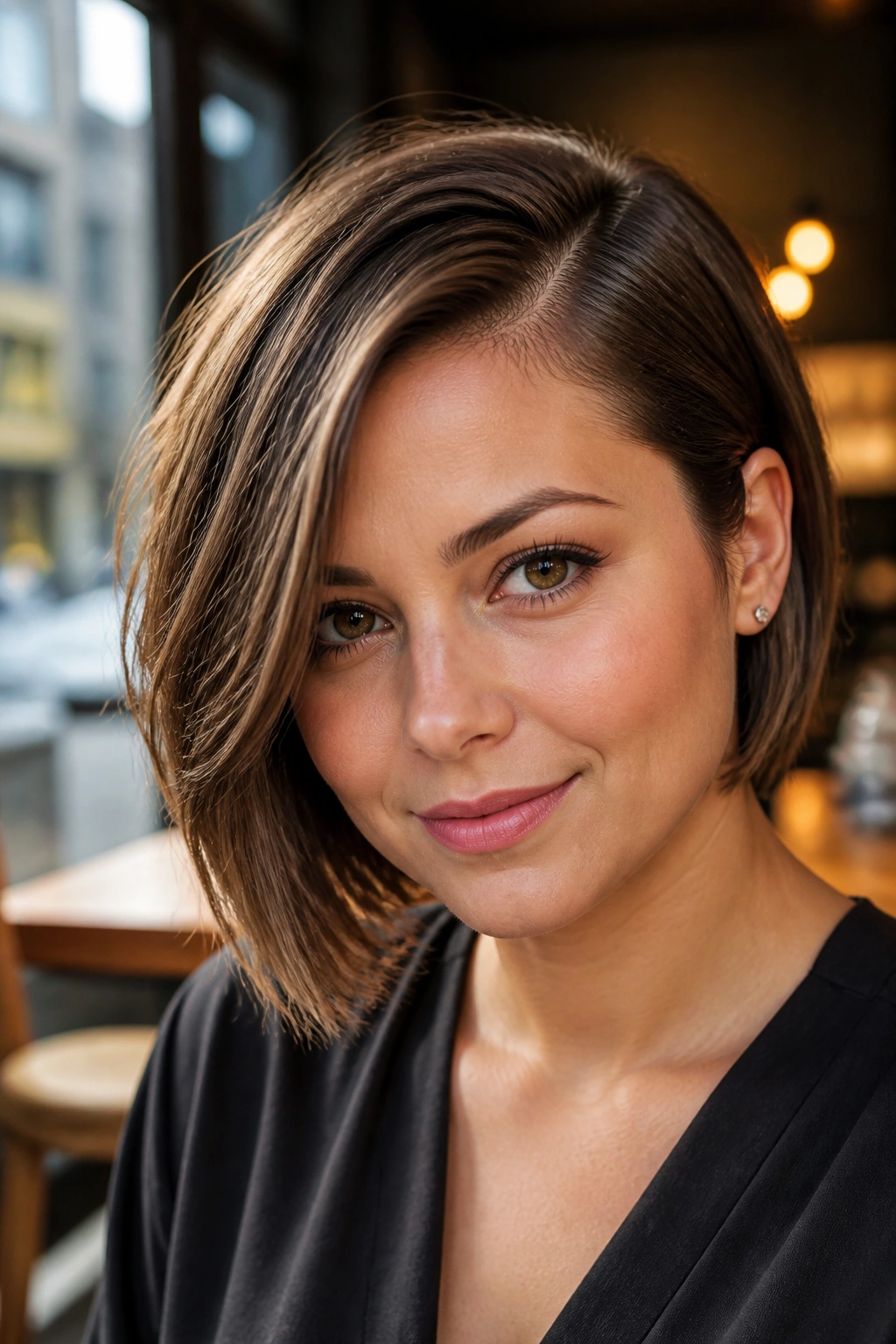 Close-up of real woman with asymmetrical bob and deep side part