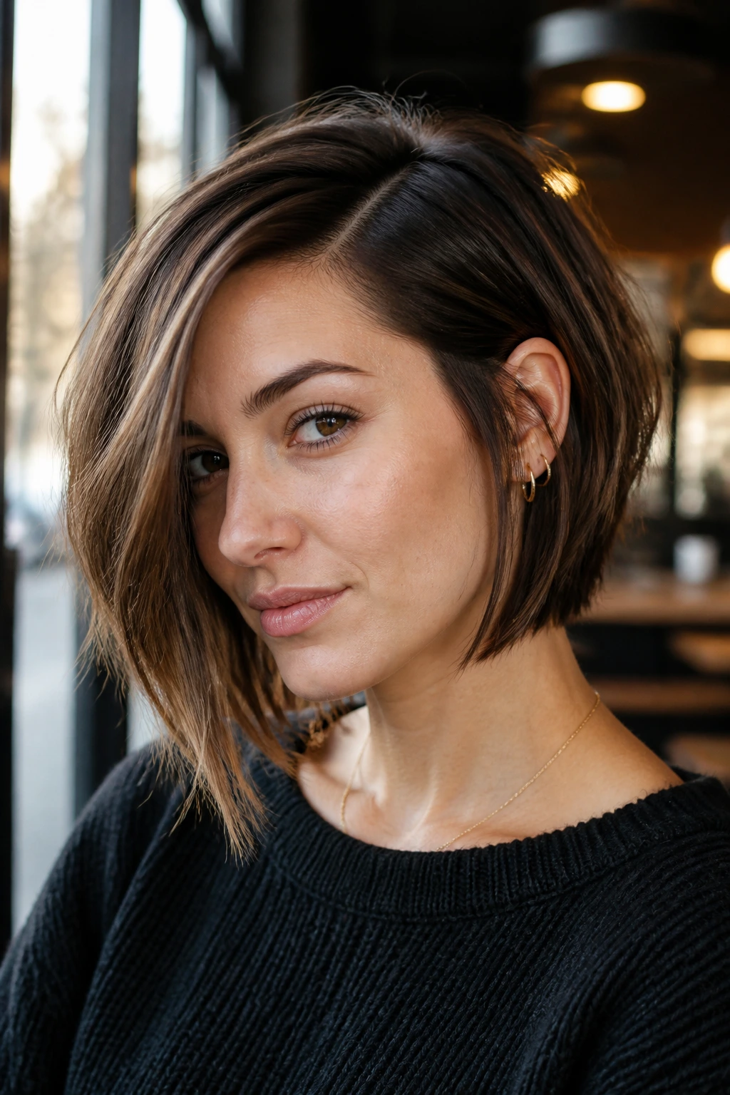 Close-up portrait of a real woman with an asymmetrical bob and deep side part in a cafe setting