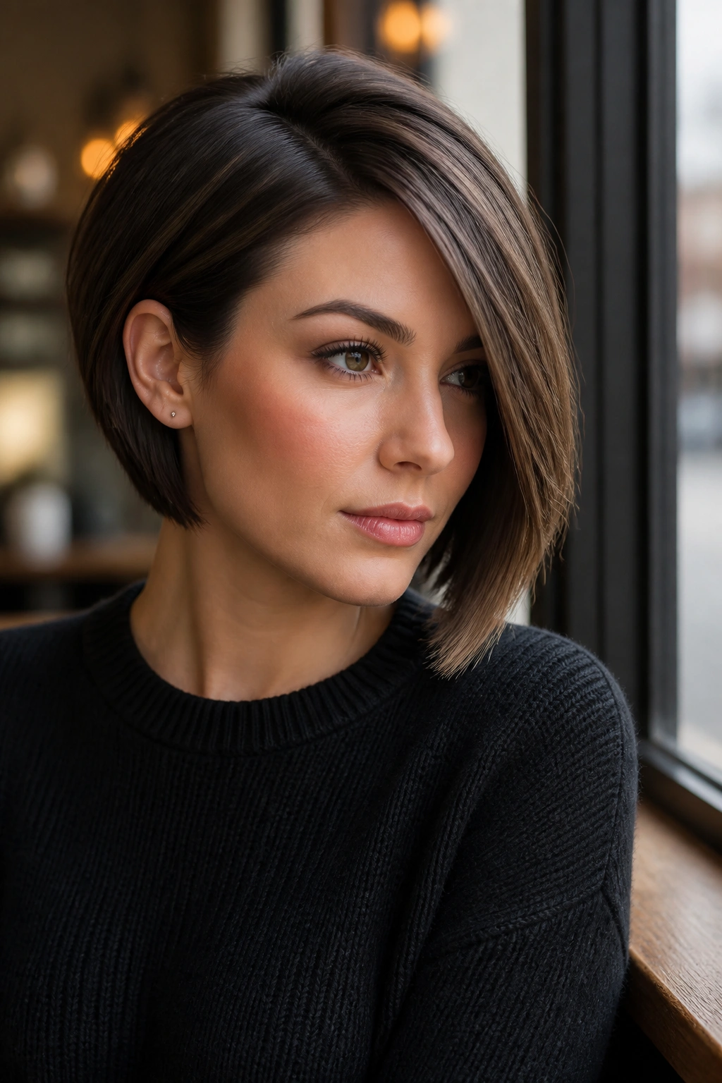 Close-up of a real woman with an asymmetrical bob and deep side part framing her face