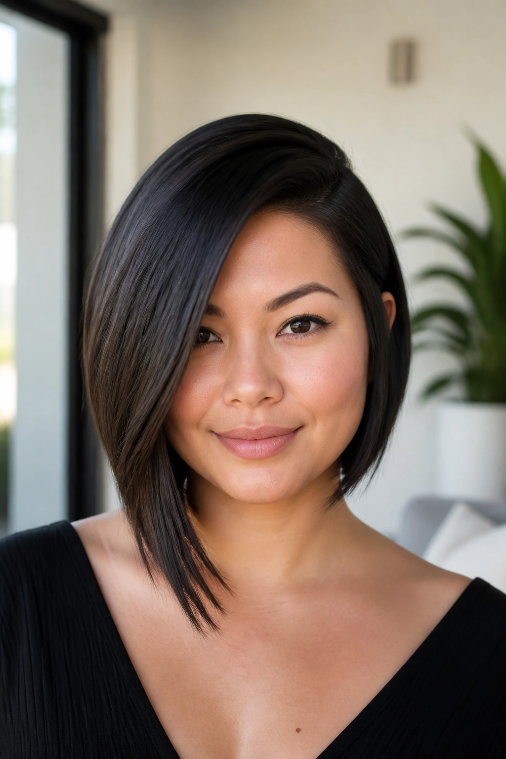Portrait of a real woman with an asymmetrical bob and deep side part accentuating diagonal lines