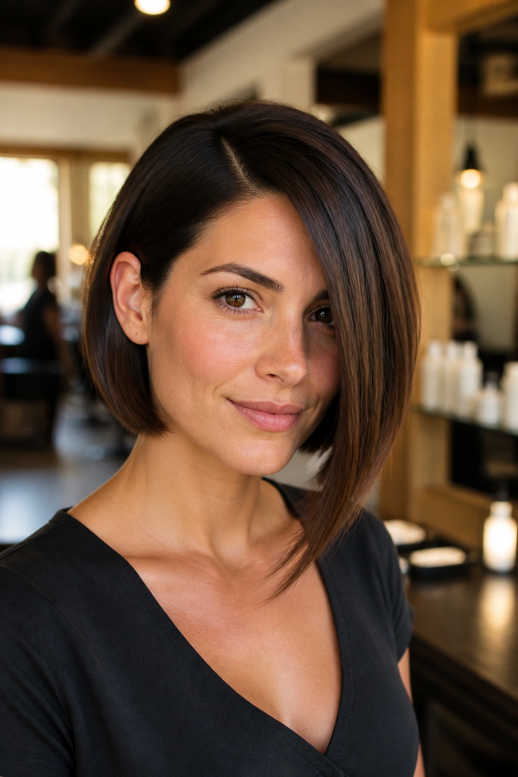Close-up portrait of a real woman with an asymmetrical bob and a deep side part in a sunlit salon