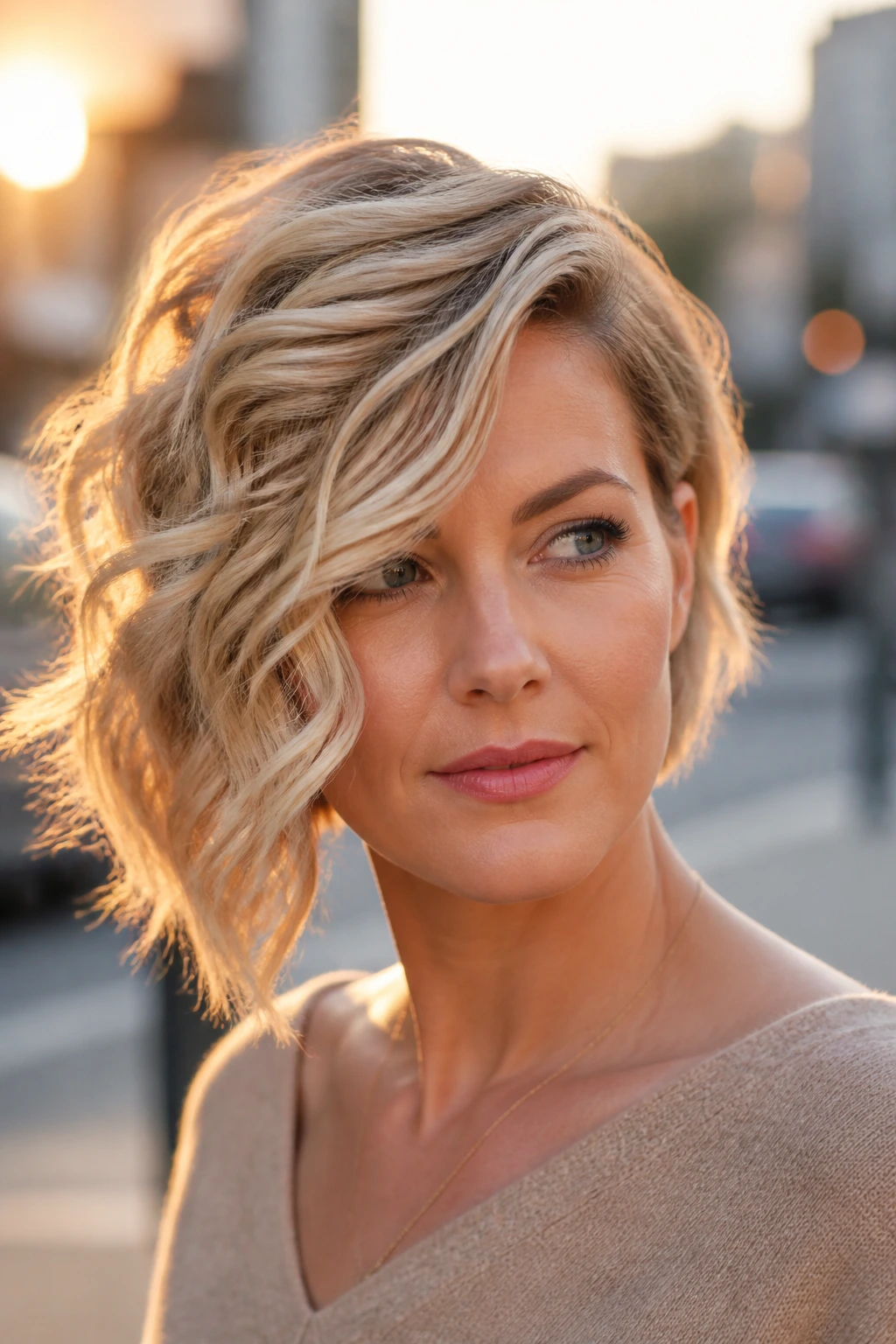Portrait of woman with asymmetrical bob and deep side sweep