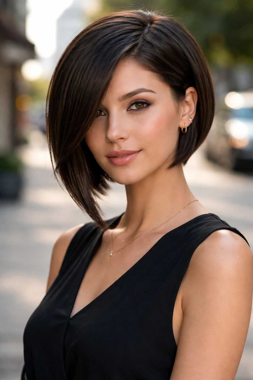 Close-up of a real person with an asymmetrical bob showing diagonal length difference.