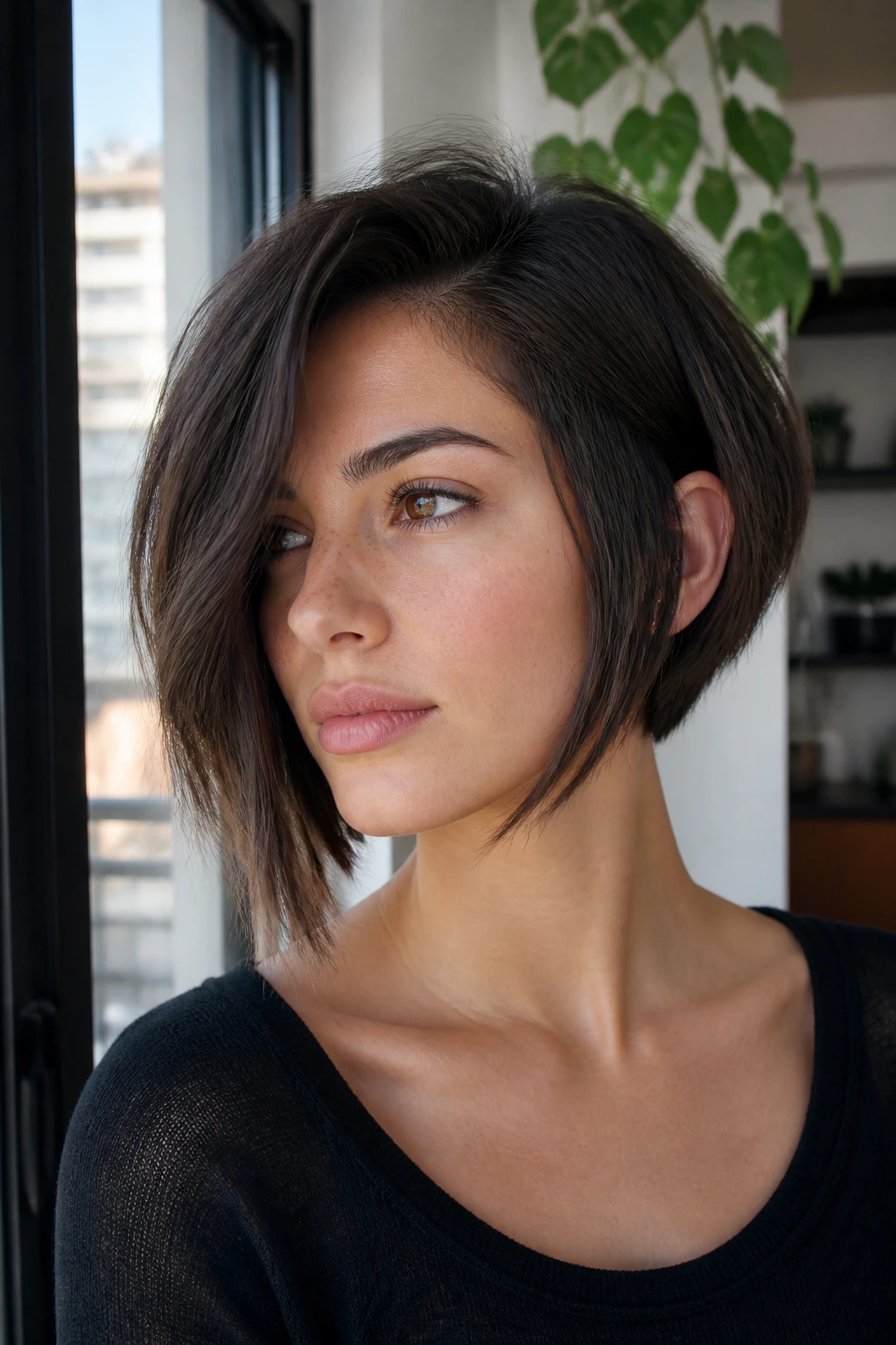 Real woman with an asymmetrical bob showing diagonal length difference