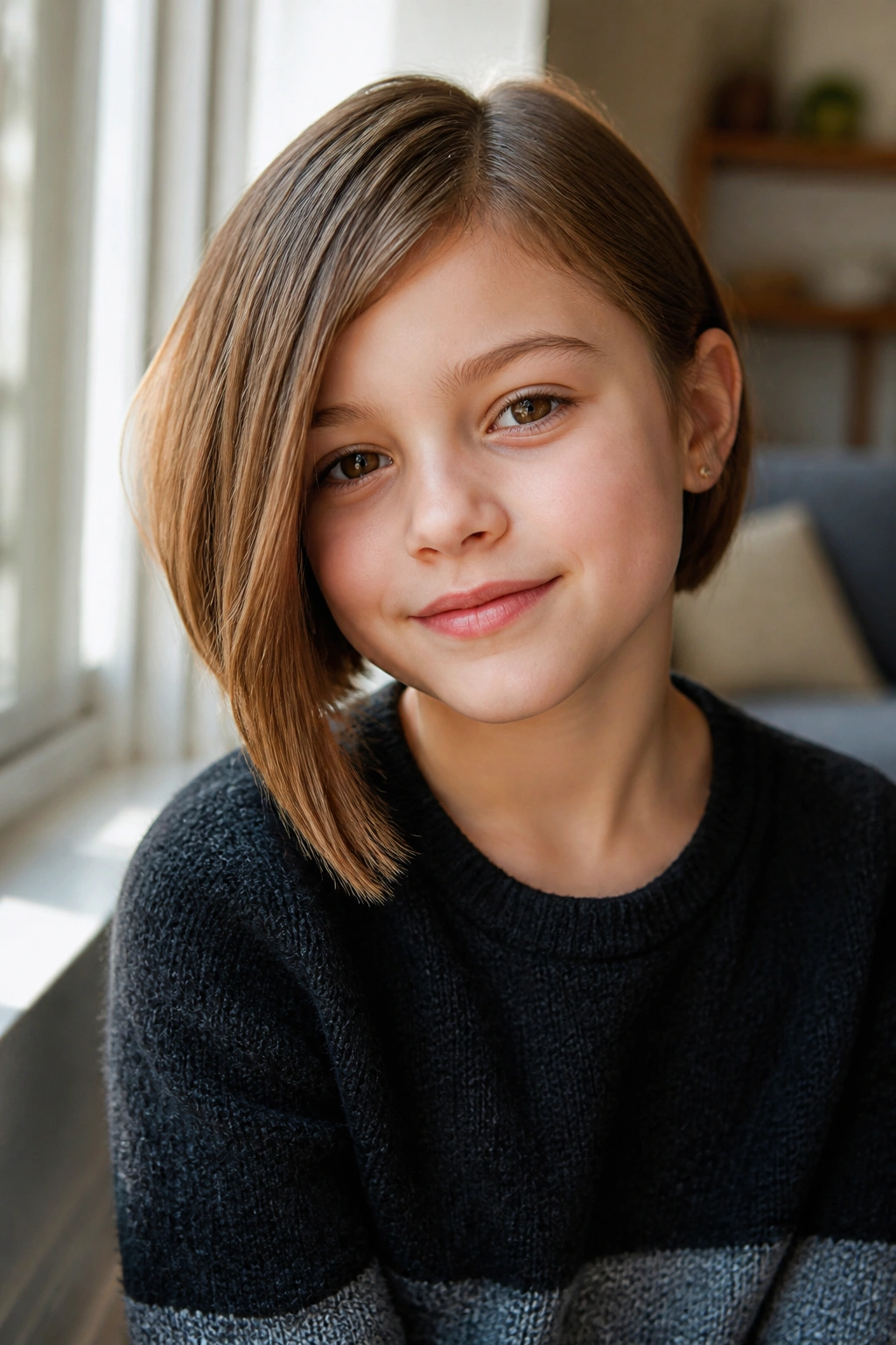 Real girl with asymmetrical bob and subtle edge in sunlight