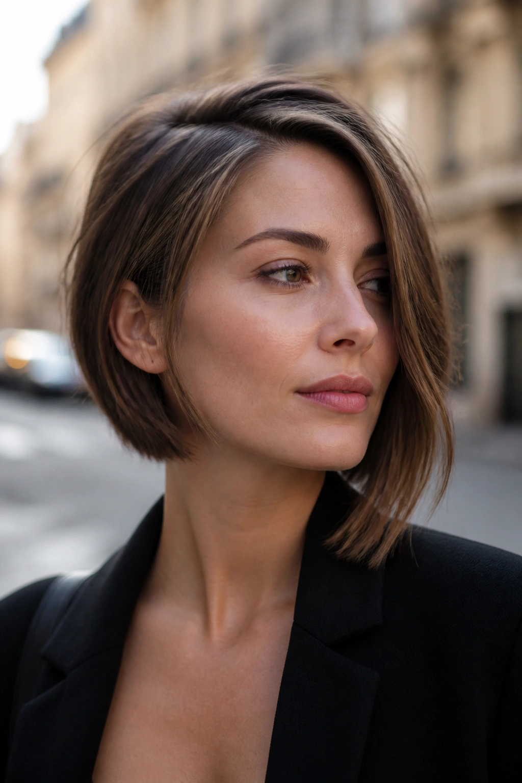 Real woman with an asymmetrical bob in natural light