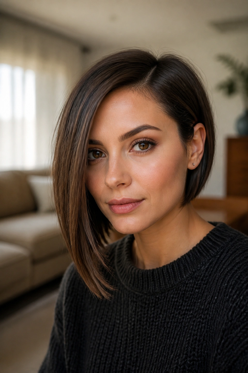 Close-up of a real woman with an asymmetrical bob featuring a longer front side