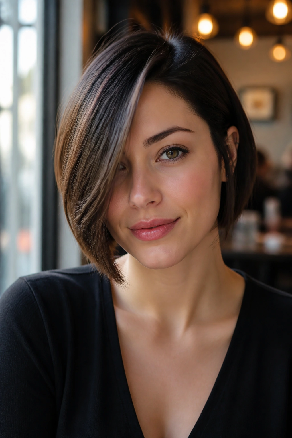 Portrait of a woman with an asymmetrical bob, longer on one side, in natural light