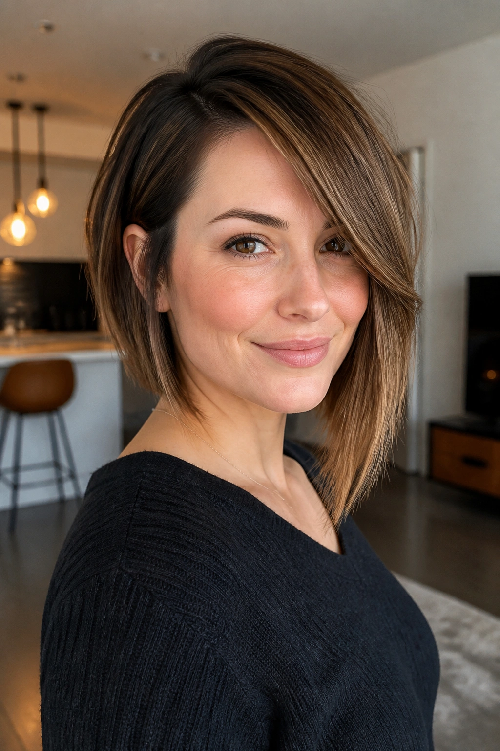 Close-up portrait of a real woman wearing an asymmetrical bob with a soft side sweep