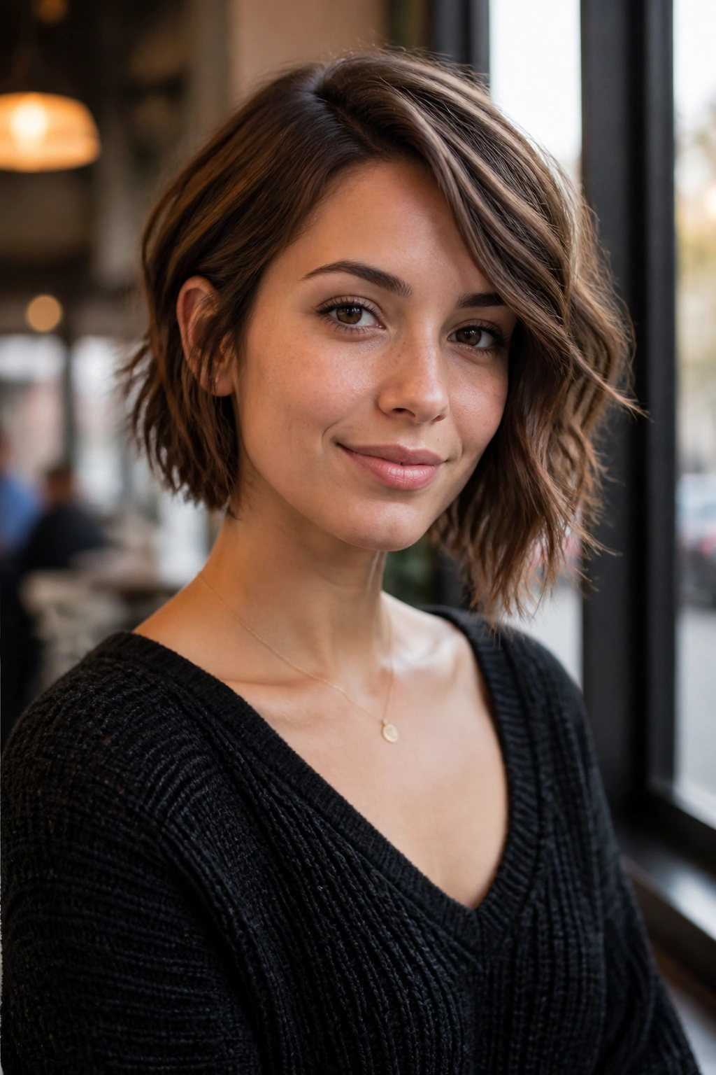 Woman with asymmetrical bob with longer side, soft waves, in daylight