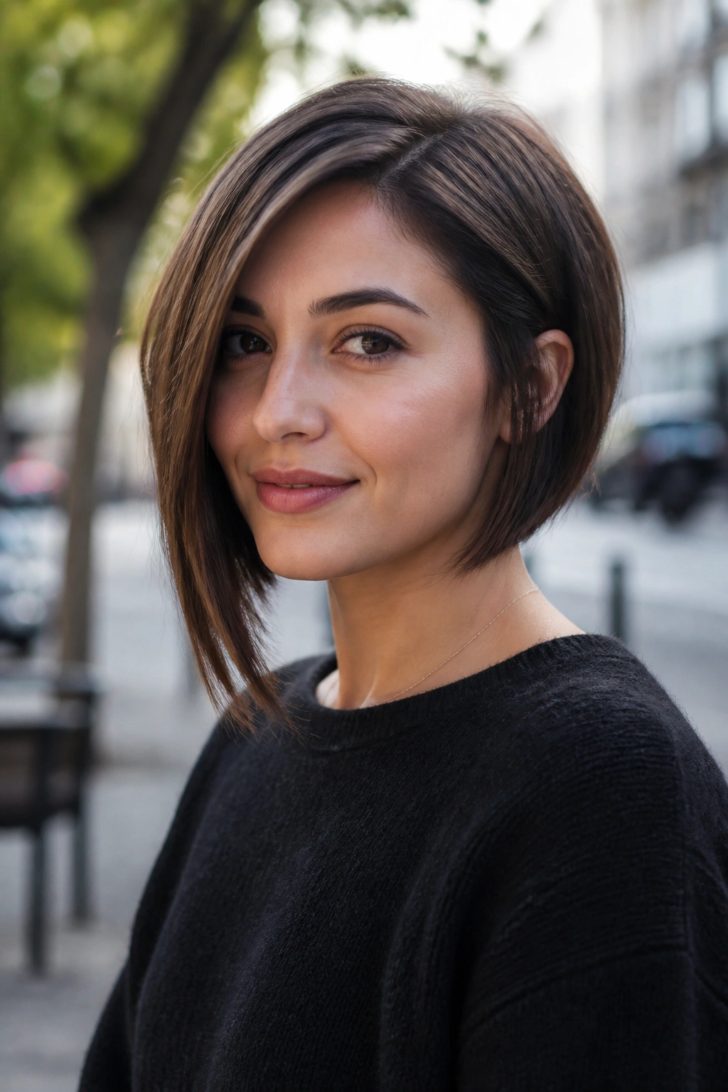 Portrait of a real woman with an asymmetrical bob showing subtle length difference.