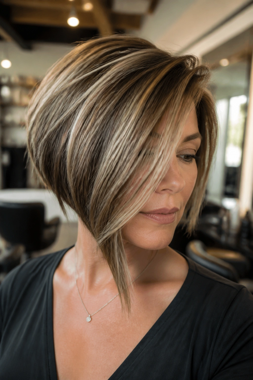 Close-up portrait of a real woman with an asymmetrical stacked bob and one longer side