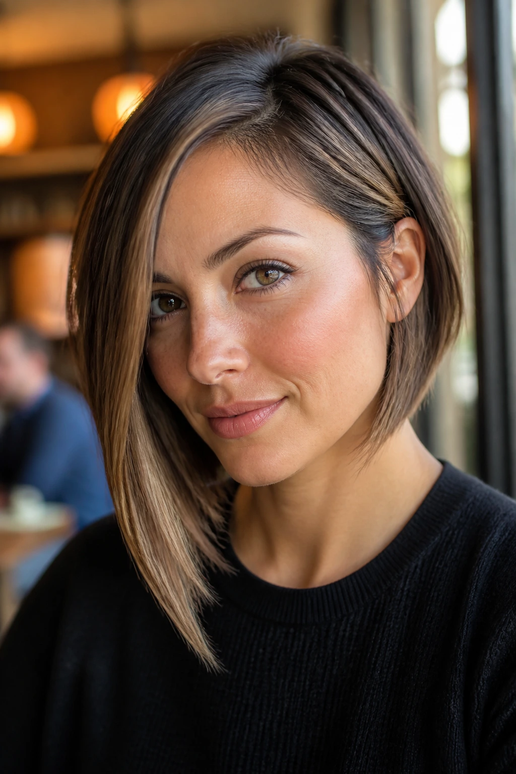 Close-up of a real woman with an asymmetrical bob in a cafe setting.