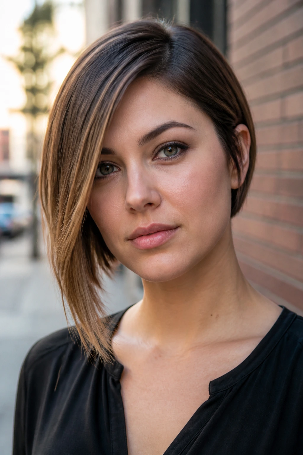 Close-up of a real person with an asymmetrical bob.