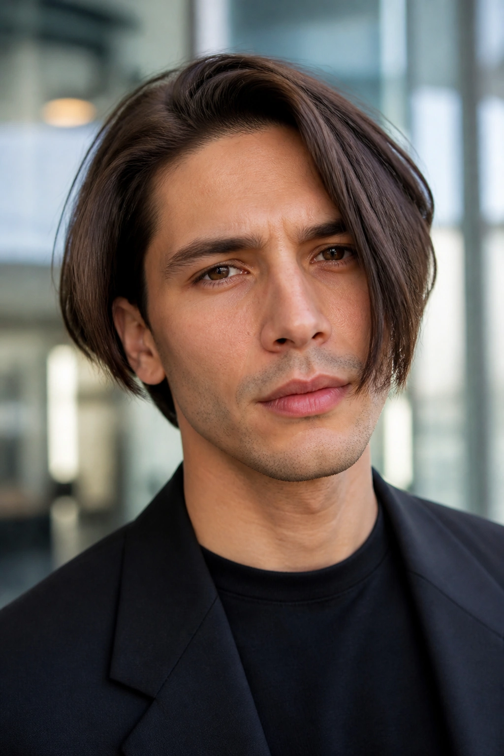 Real man with an asymmetrical bob portrait showing a longer side.