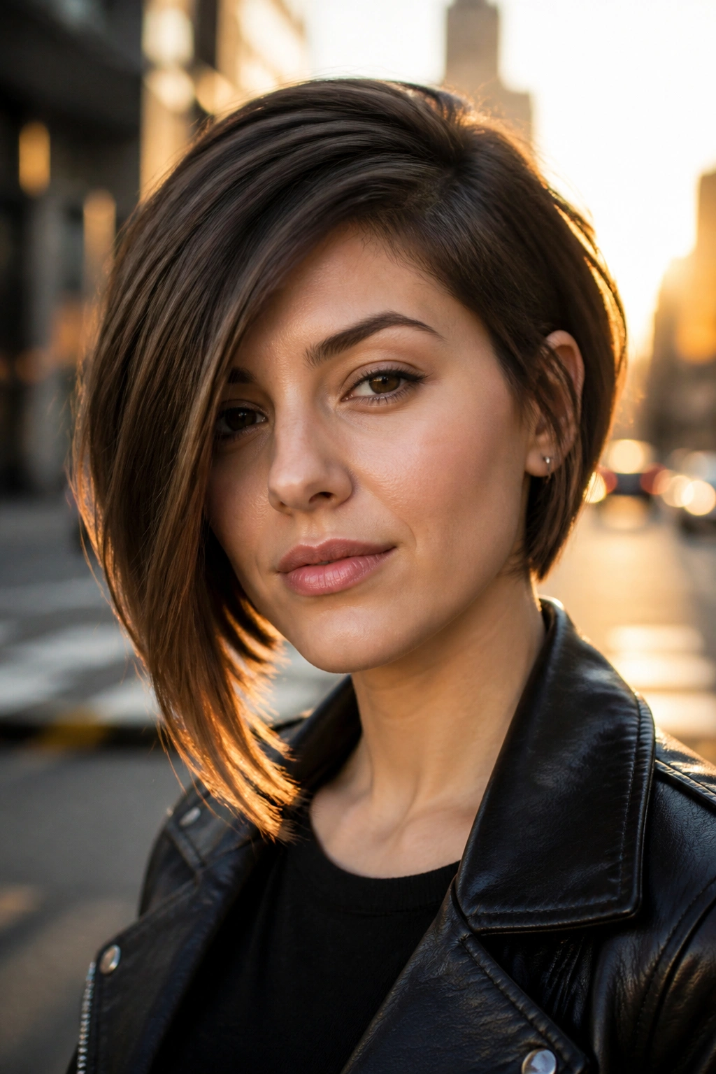Close-up portrait of a real person with an asymmetrical bob haircut