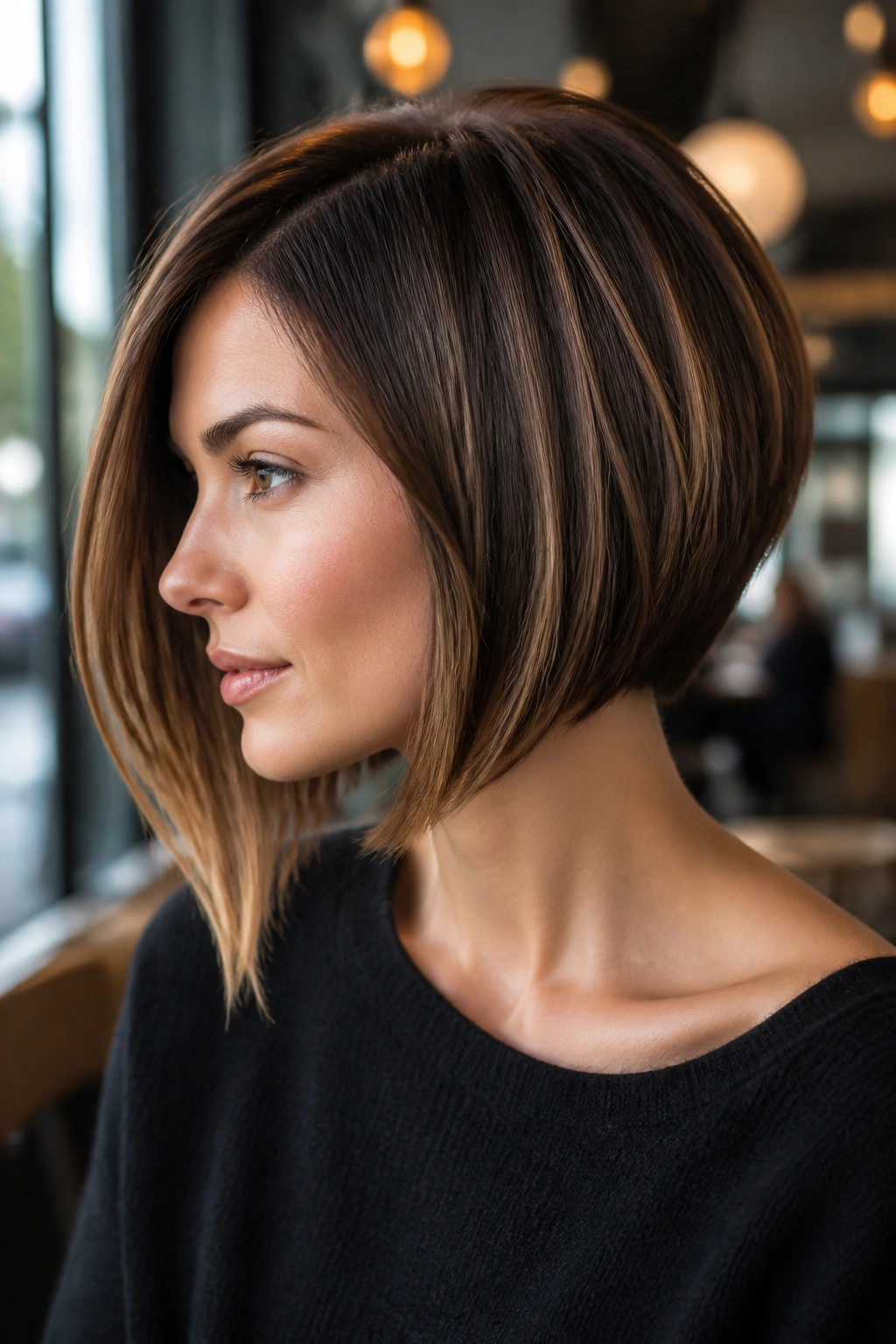 Close-up of real woman with asymmetrical bob longer side framing jaw in cafe daylight