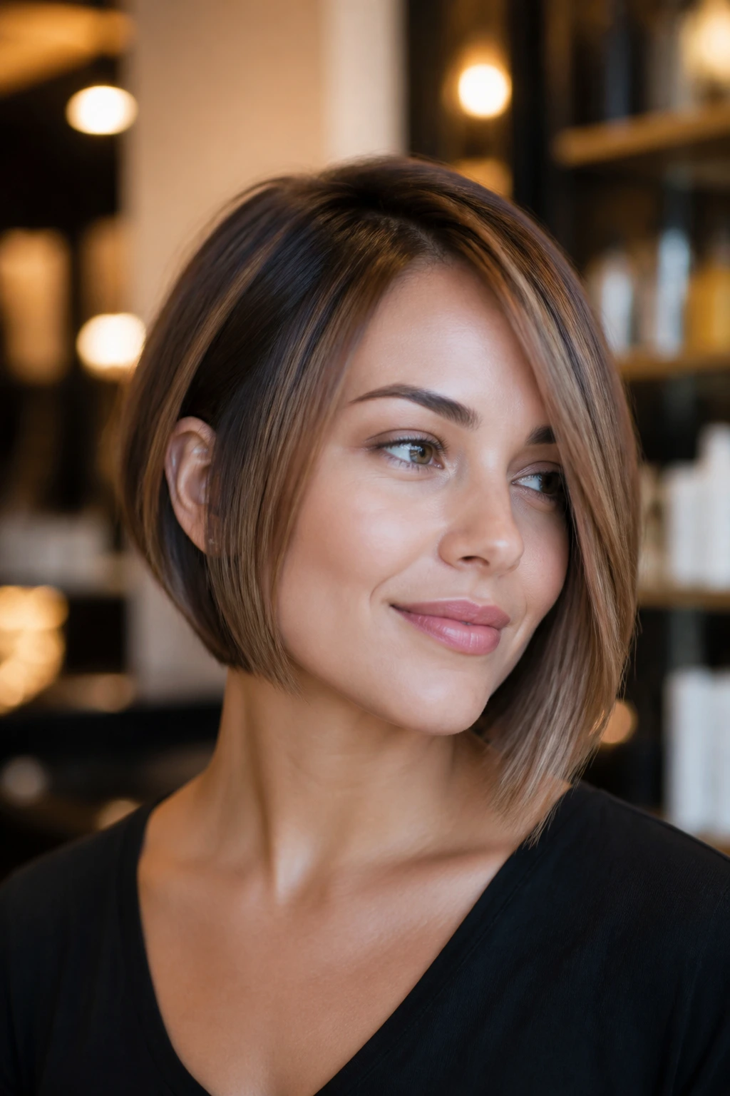 Close-up of a real person showing an asymmetrical bob with subtle length difference