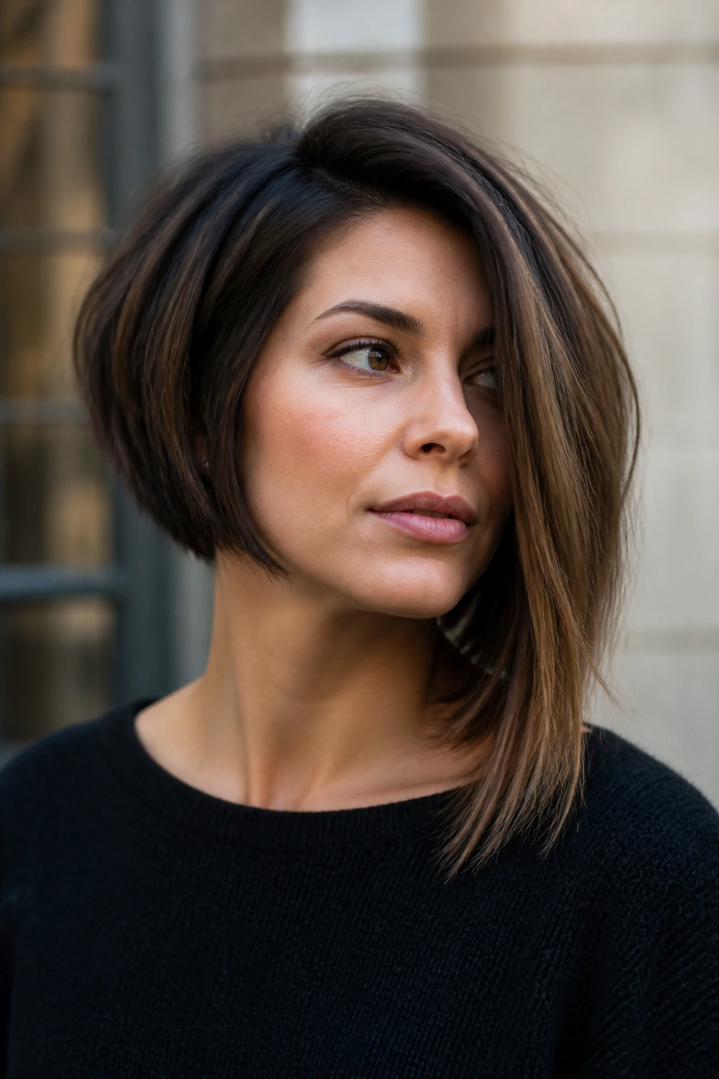 Close-up portrait showing an Asymmetrical Bob with a longer side on one side.