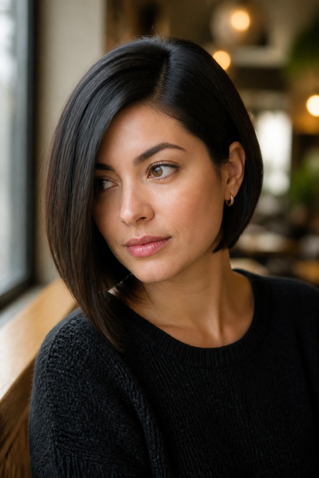 Portrait of a woman with an asymmetrical bob.