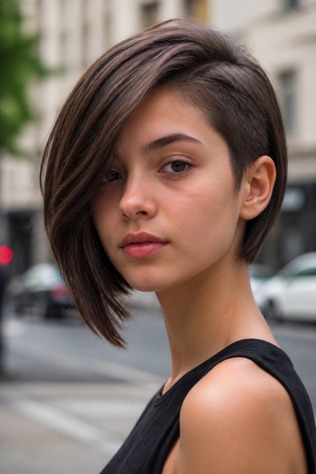 Close-up portrait of a girl with an asymmetrical bob in daylight