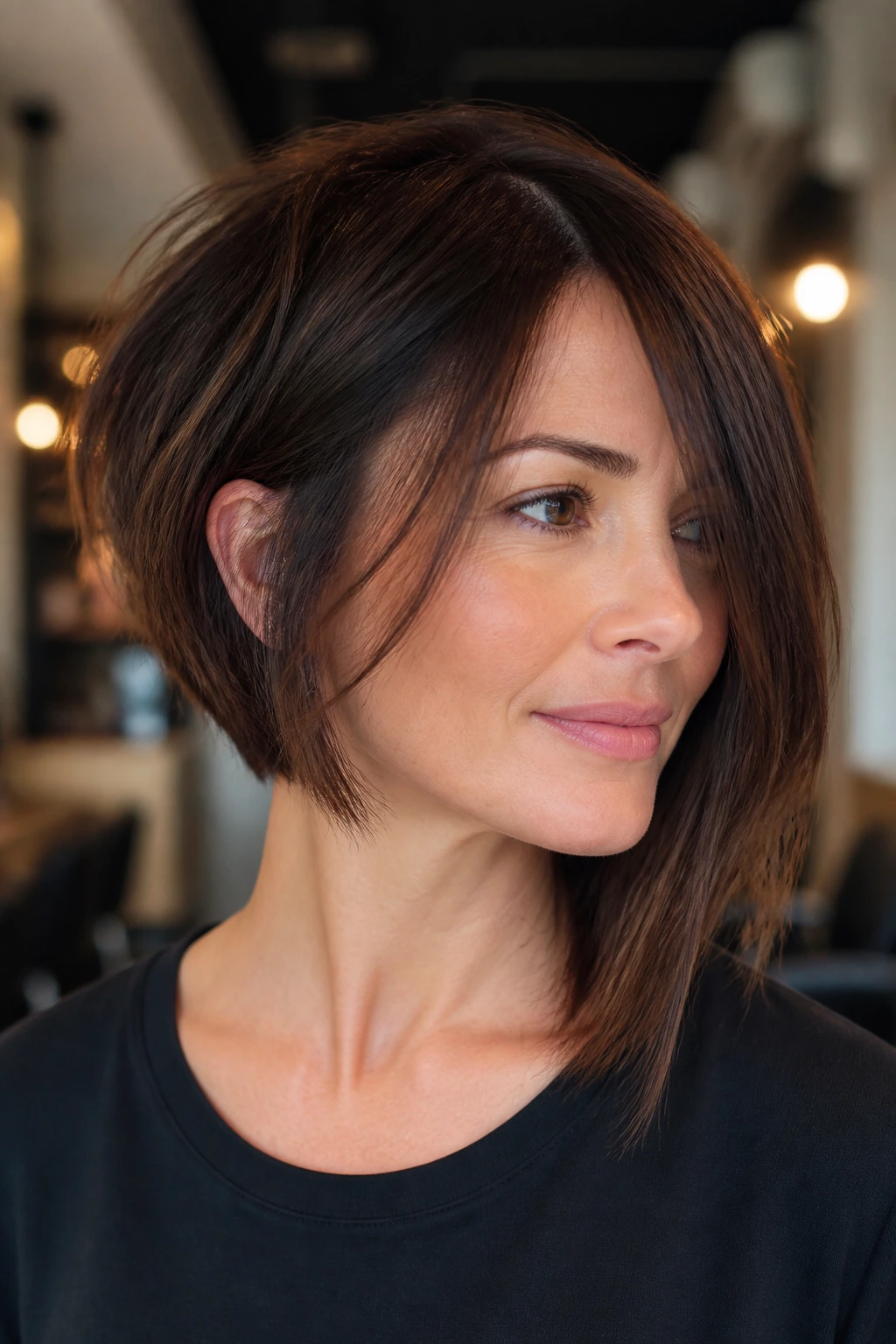 Close-up of a real woman with an asymmetrical bob and heavy internal layers.