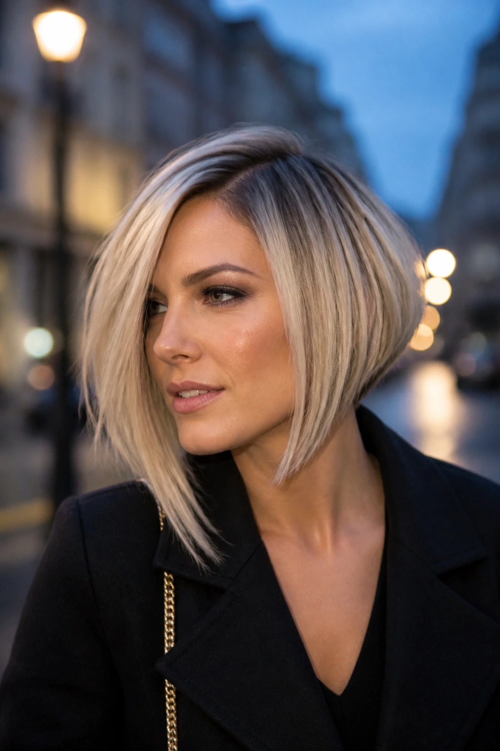 Real woman with asymmetrical bob and icy ribbons on a moody blue hour street