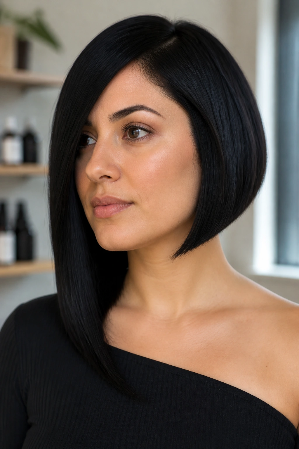 Close-up of a real woman with a jet-black asymmetrical bob